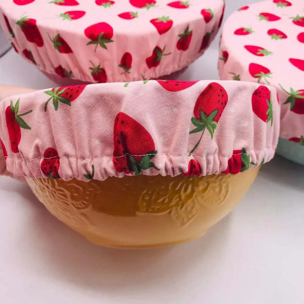 Cotton Bowl Cover For Sourdough, 3 Size Set, Reusable Washable Strawberries Pink